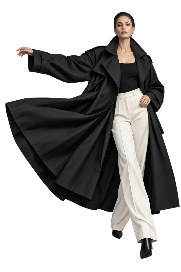 The original DEHORS model wearing the sculptural black fashion silhouette.