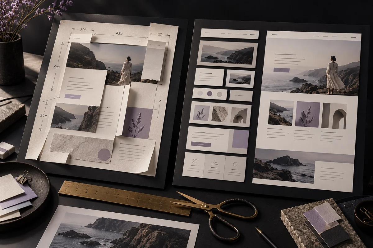 Bespoke paper website prototypes beside a modular set of reusable page sections.