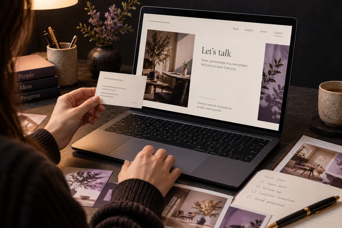 A visitor comparing business information on a contact page and a printed information card.