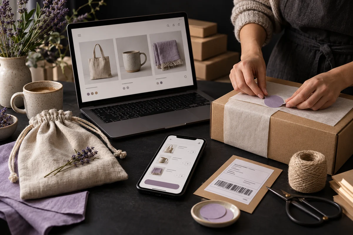 An online retail packing desk connecting a product catalog, mobile cart and parcel preparation.