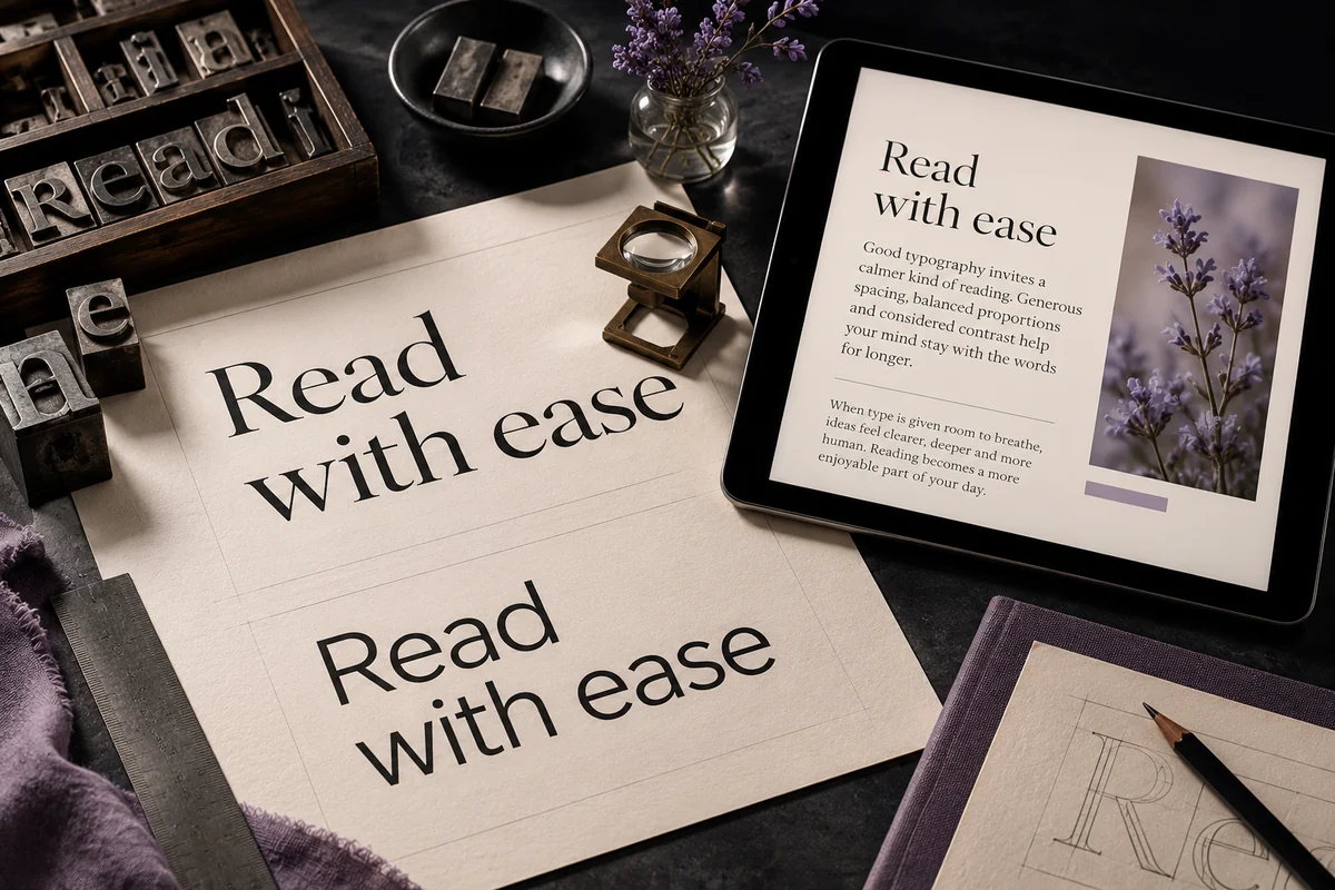 Printed type specimens and a tablet demonstrating readable typography and generous spacing.