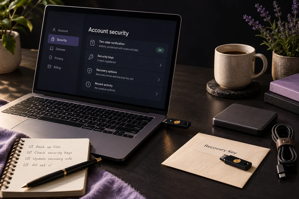 A laptop security screen with physical security keys and a separate backup drive.
