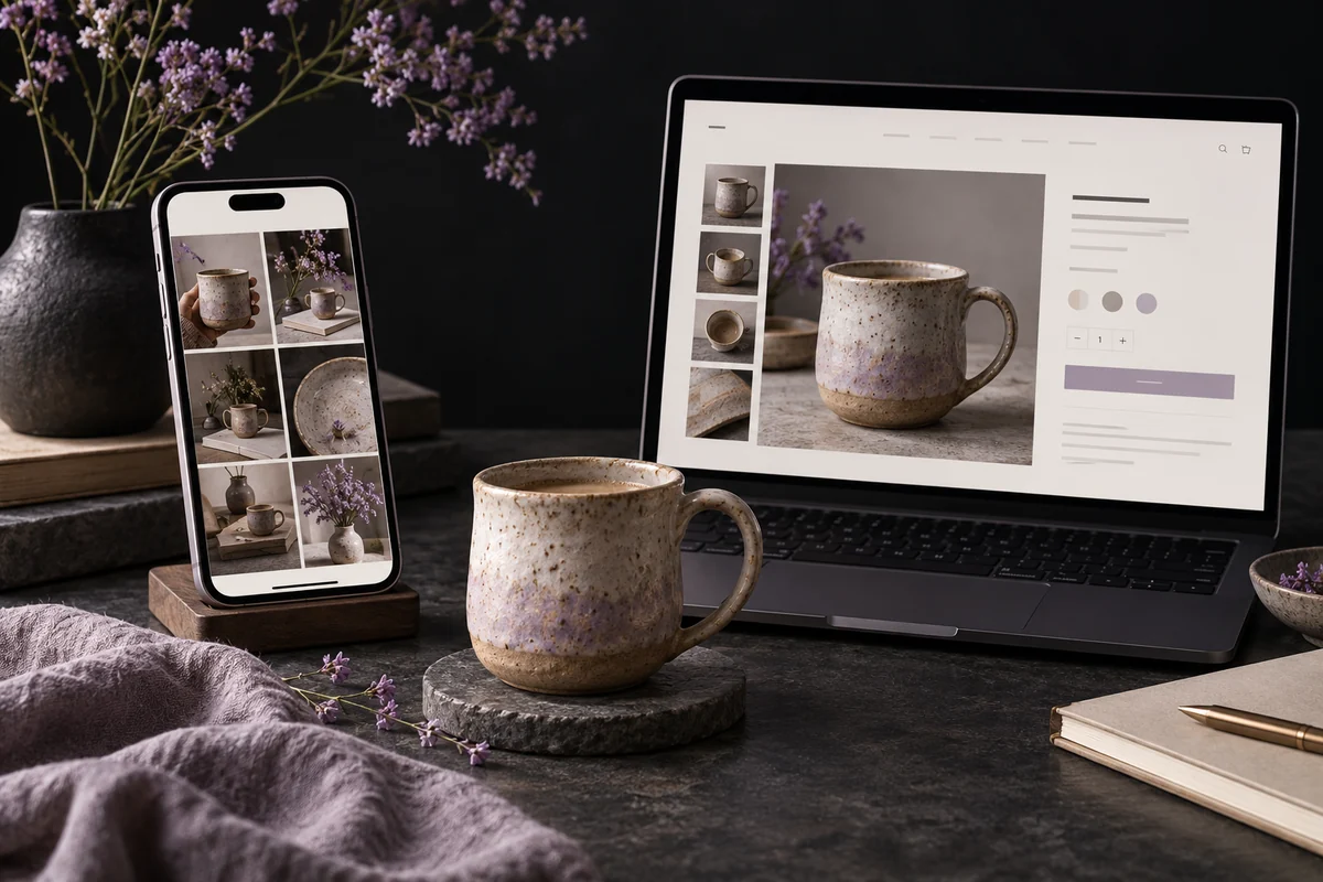 A ceramic cup displayed in a mobile photo feed and on a complete product website.