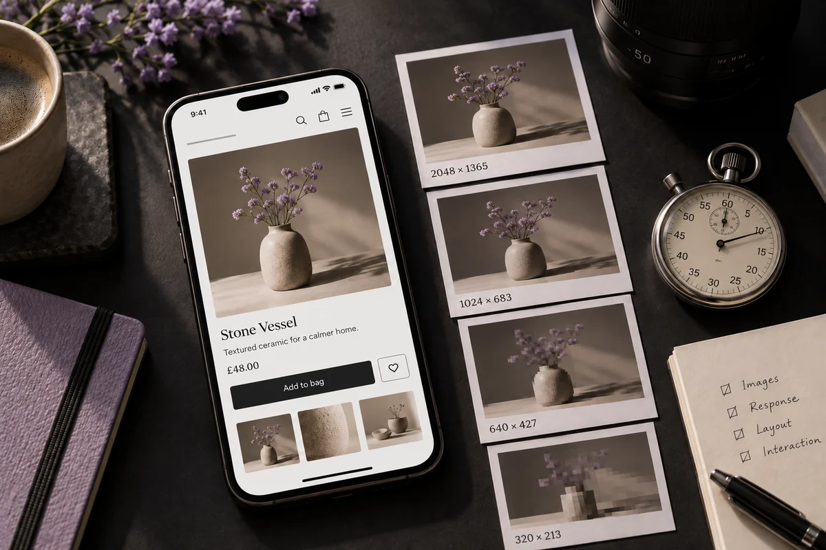 A mobile product page beside image resolution proofs and a timing instrument.
