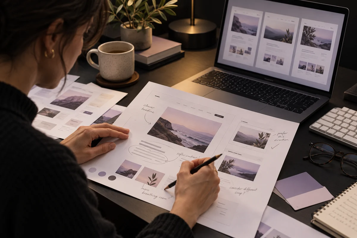 A designer using a pencil to review interface proofs beside automated draft alternatives.
