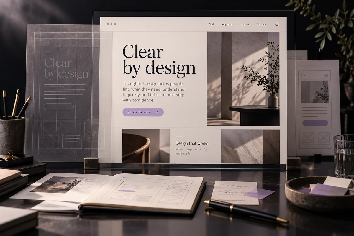 Transparent website design proofs showing a clear hierarchy and aligned page structure.
