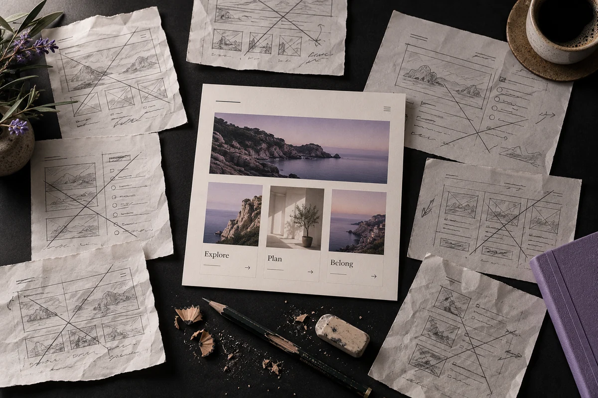 Discarded navigation sketches surrounding one carefully simplified website prototype.