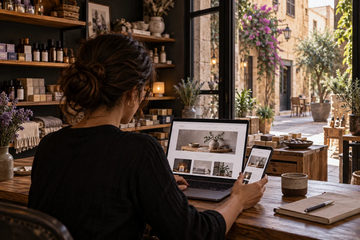 A small shop owner reviewing matching desktop and mobile websites inside a neighborhood store.