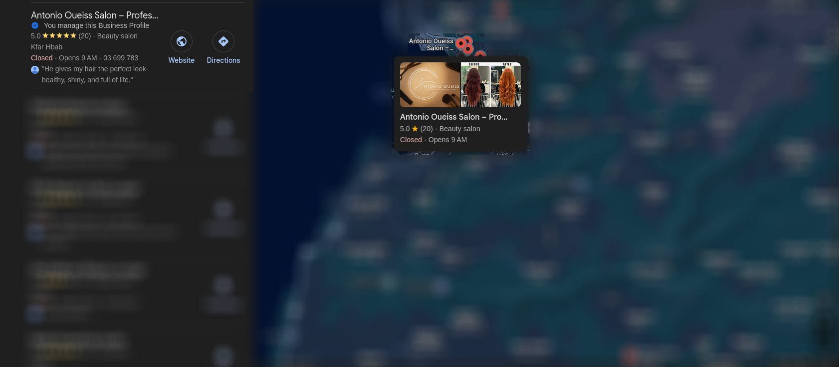 Google search result and map pack showing Antonio Oueiss salon visibility