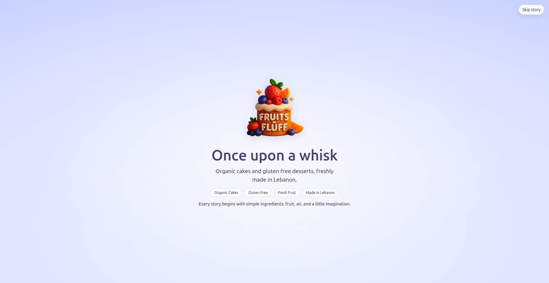 Story intro screen with a persistent skip action that never blocks ordering